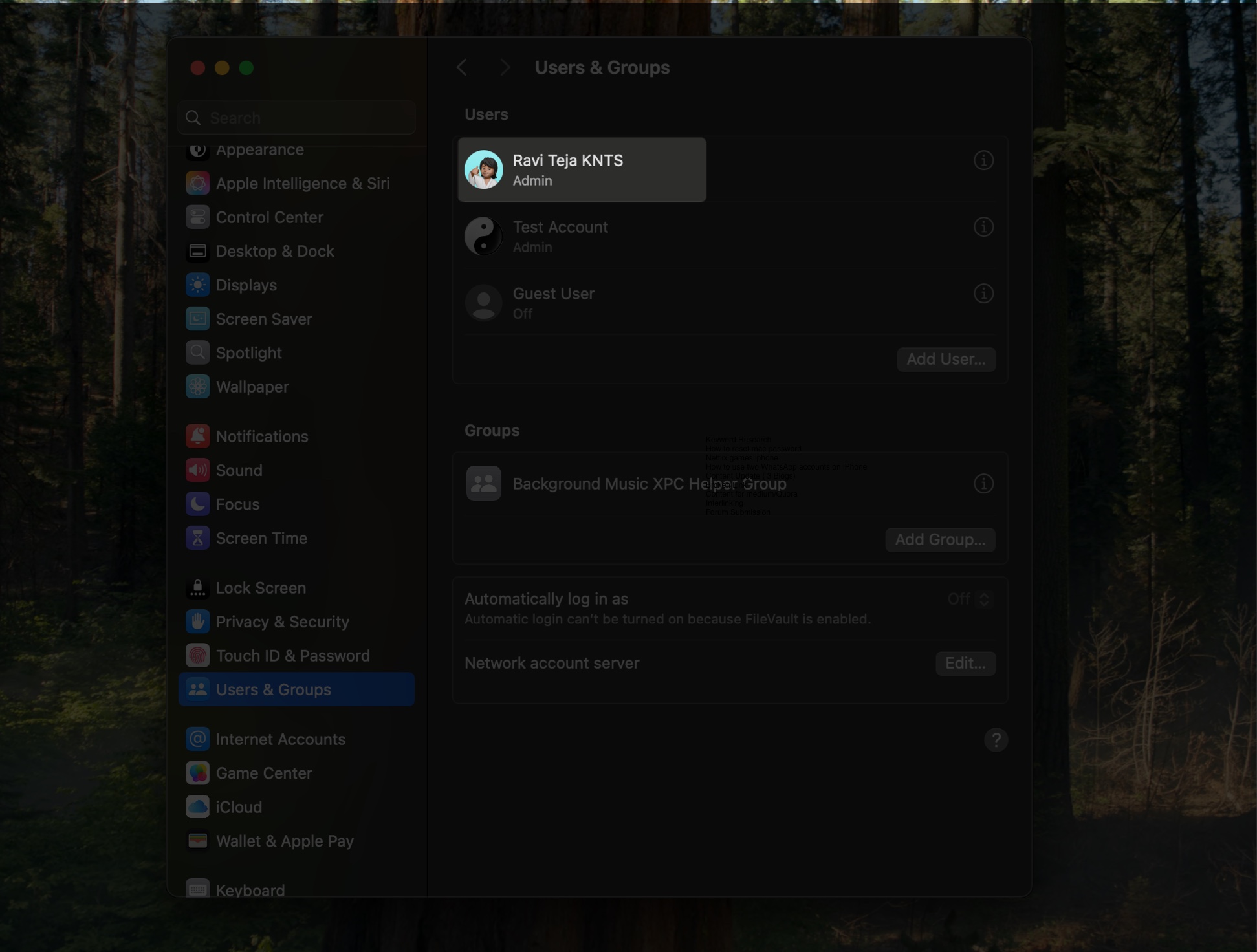 Selecting the user account you want to reset the password for in system settings