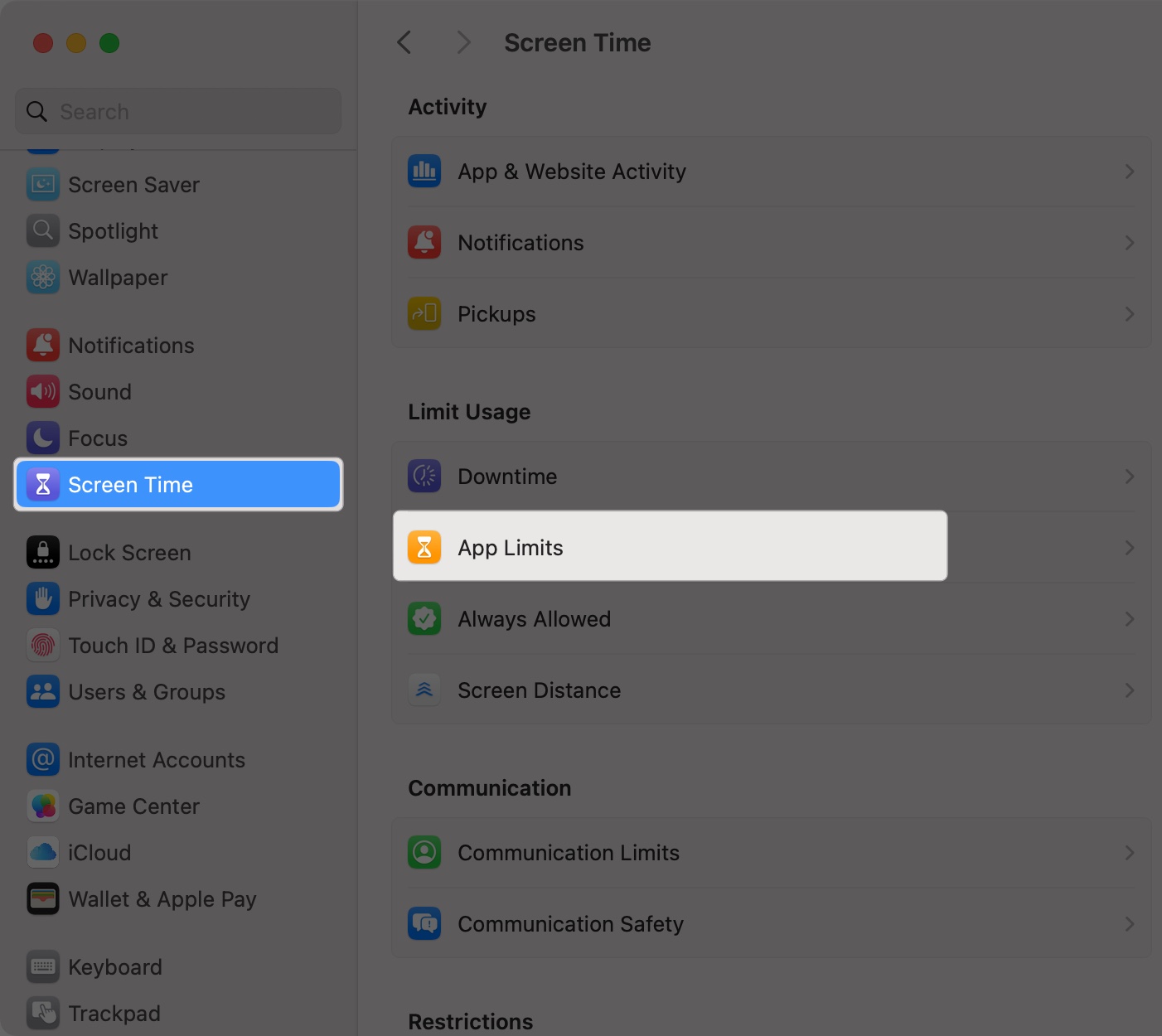 Set app limit in screen time setting on mac