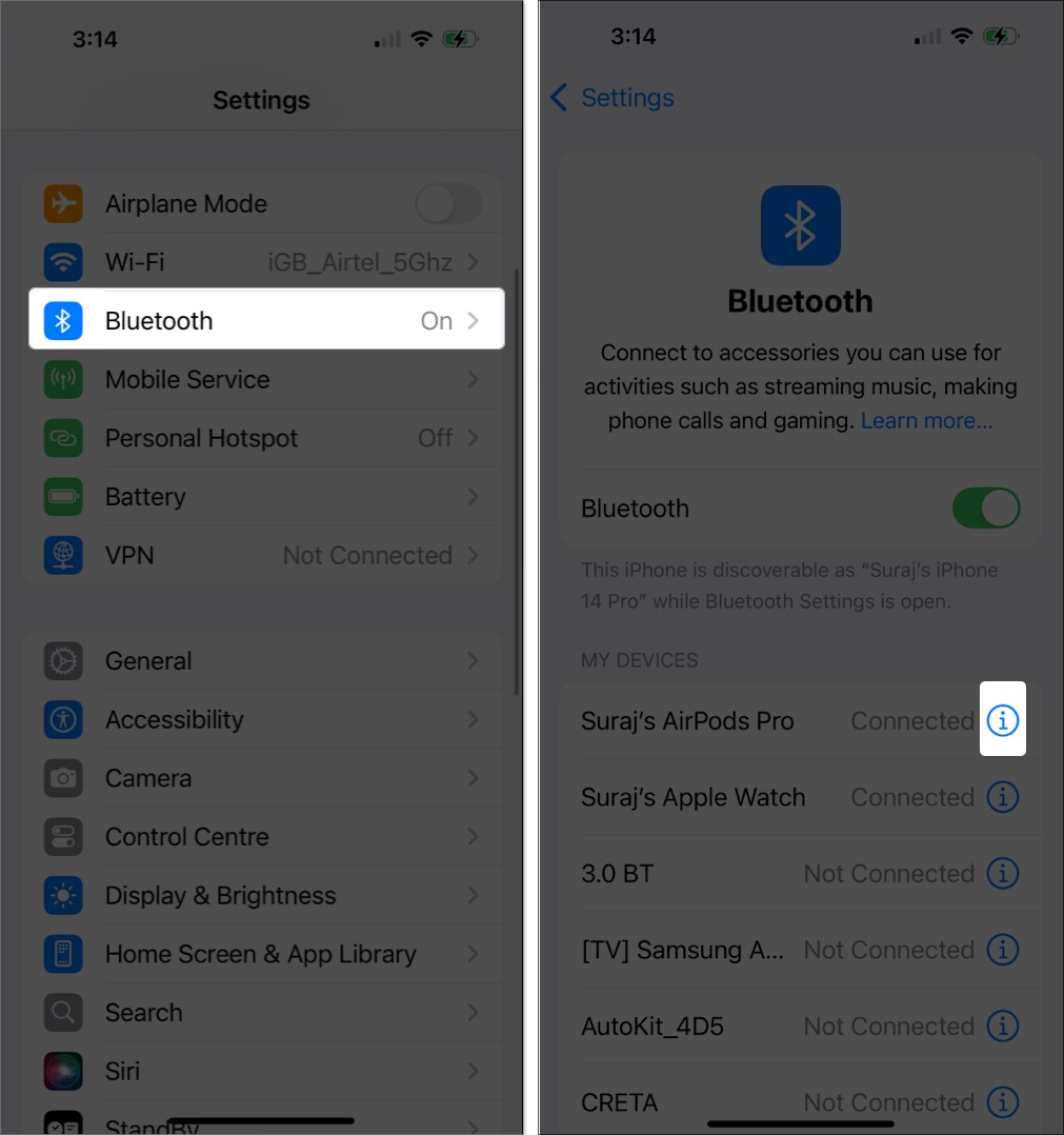 Accessing the information page for a pair of connected airpods in iphone settings app