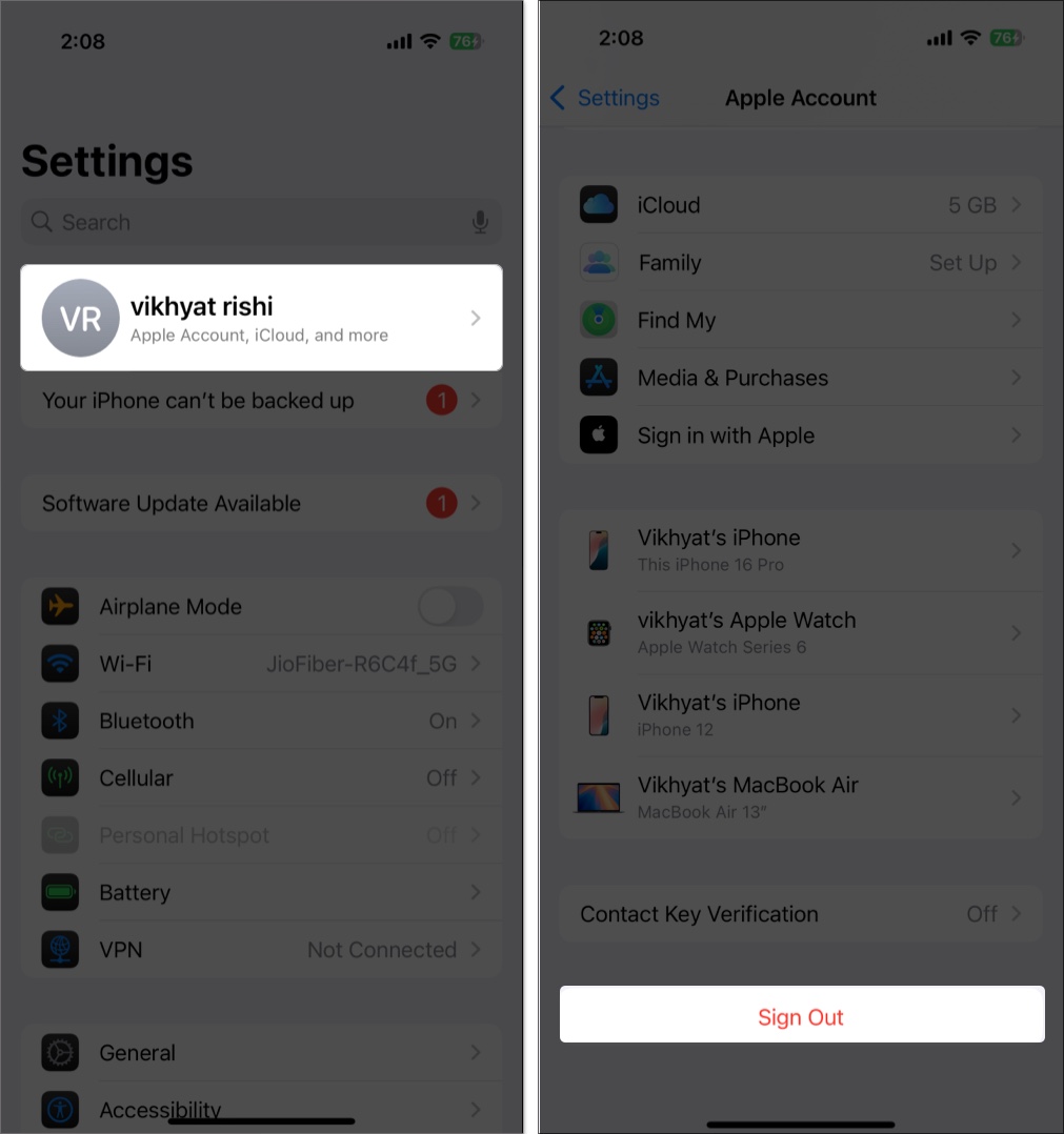 Signing out of apple account on an iphone