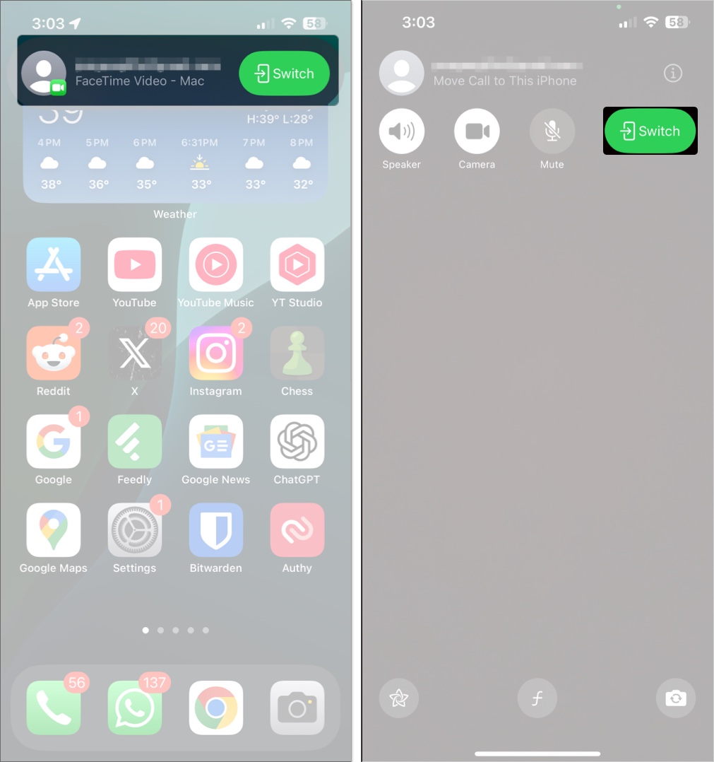 Tapping the switch button in the facetime prompt to initiate a facetime call switch to a mac