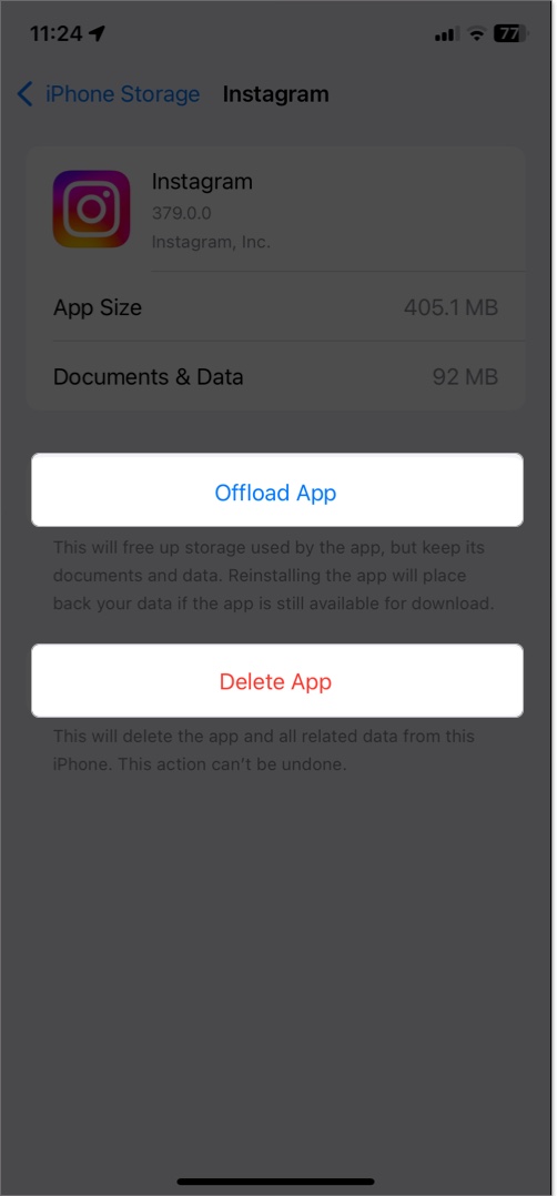 Tap delete app or select offload app to keep data