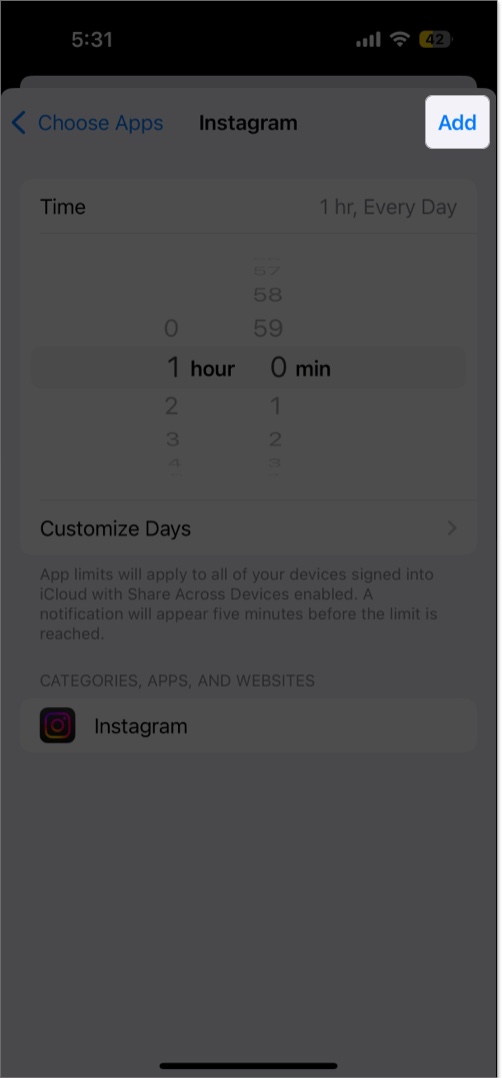 Tap done to save app limit in screen time on iphone