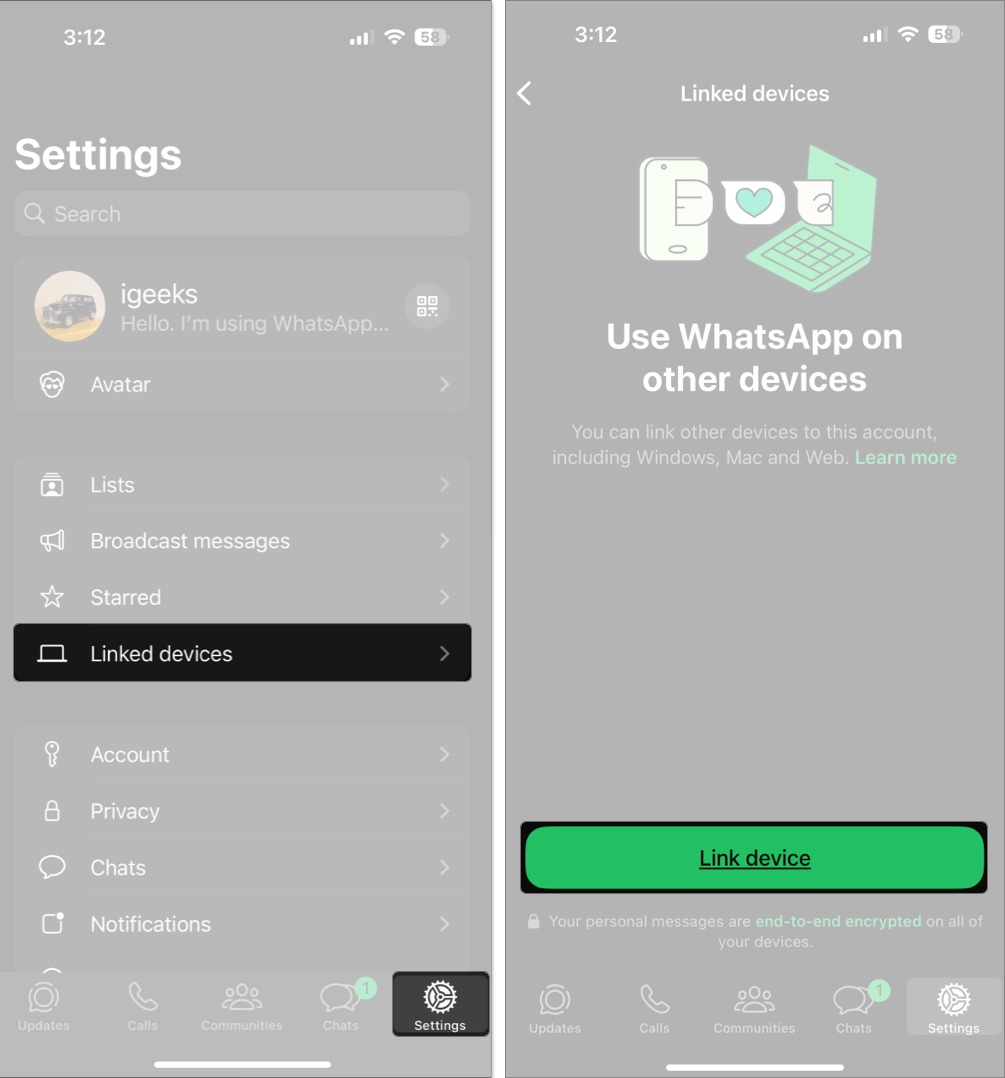 Tap link a device in whatsapp setting on iphone