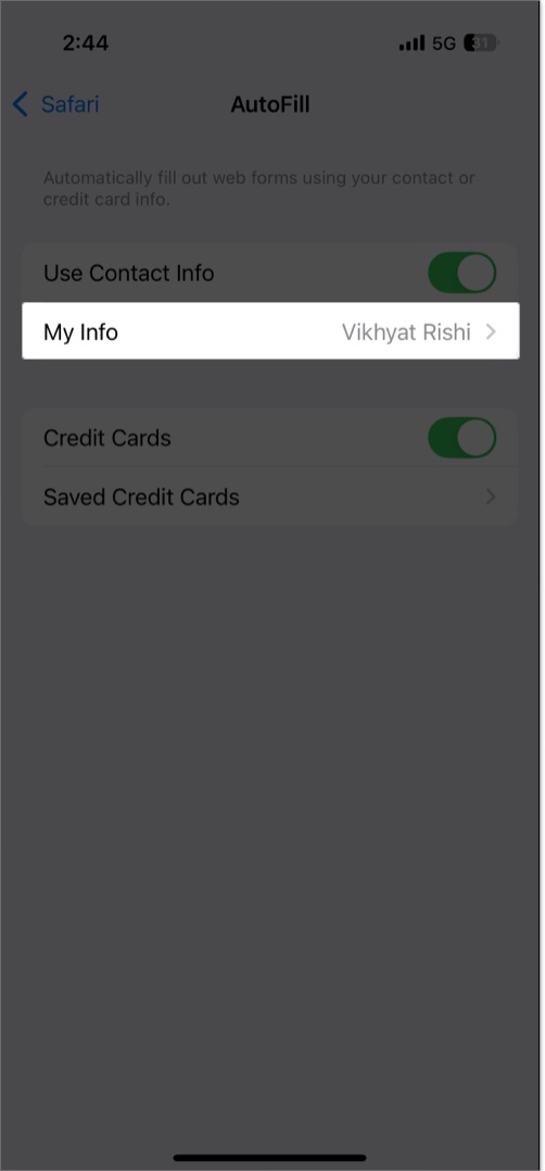 Accessing the my info page under safari autofill settings on an iphone
