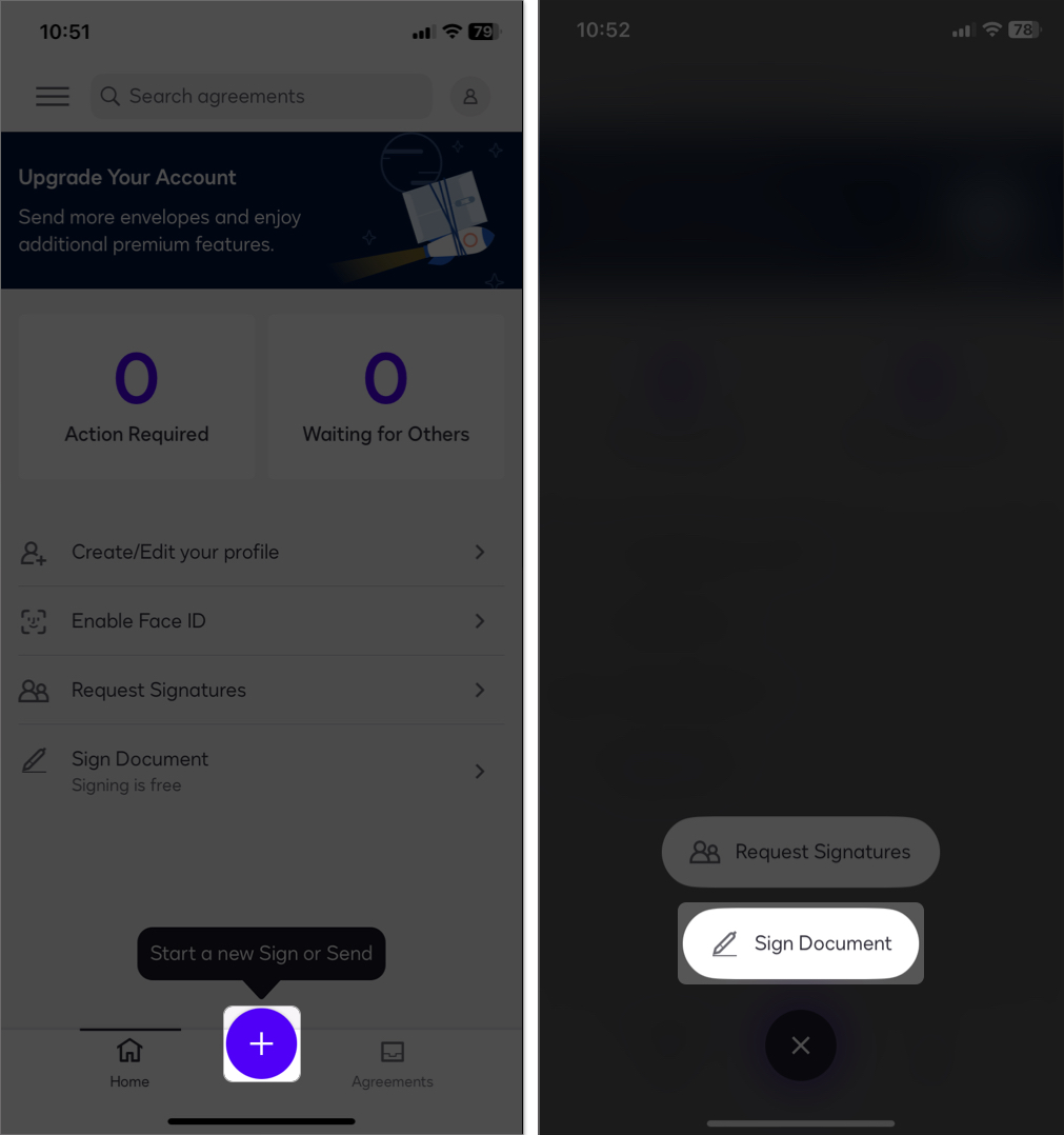 Tap on plus icon and select sign document to upload pdf or image in the app
