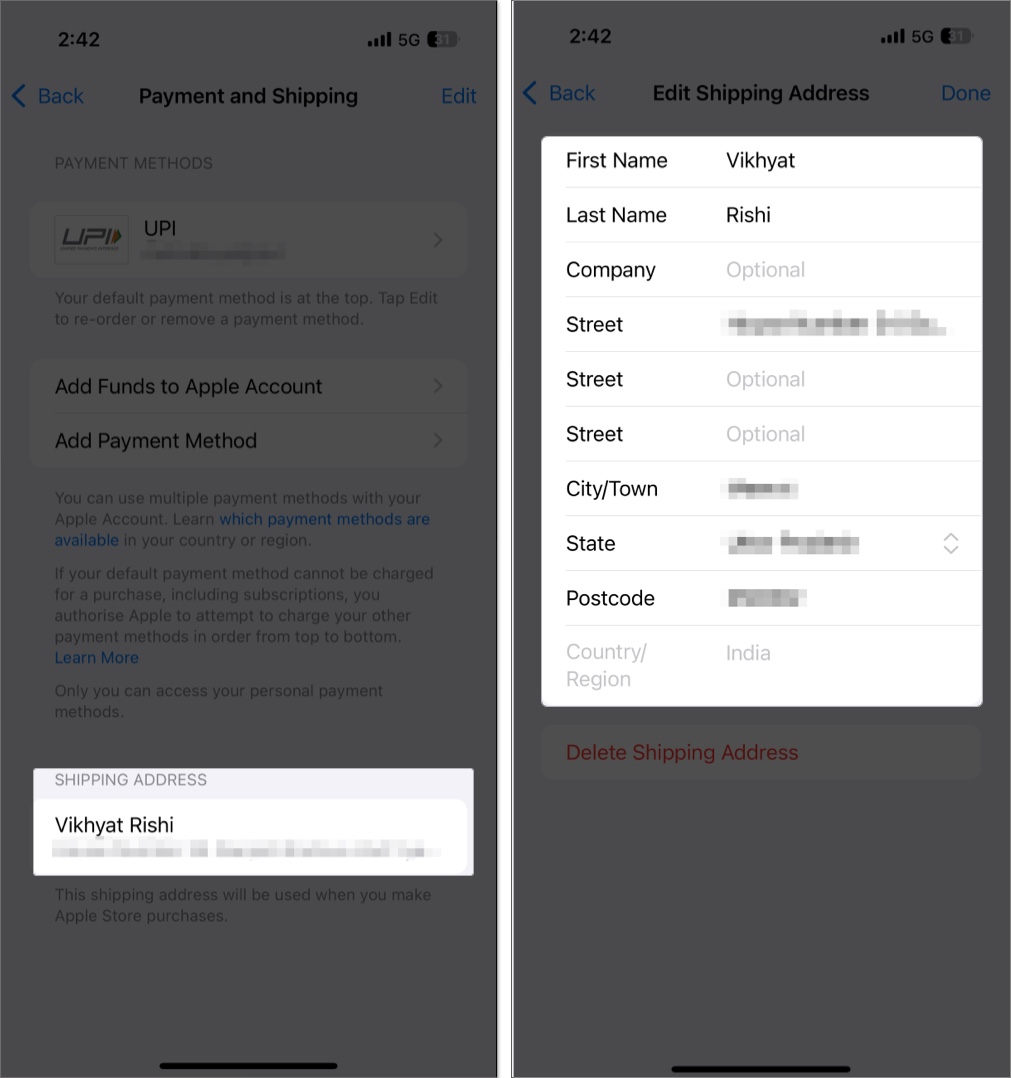 Accessing and verifying the shipping address on the payment  shipping in ios settings app
