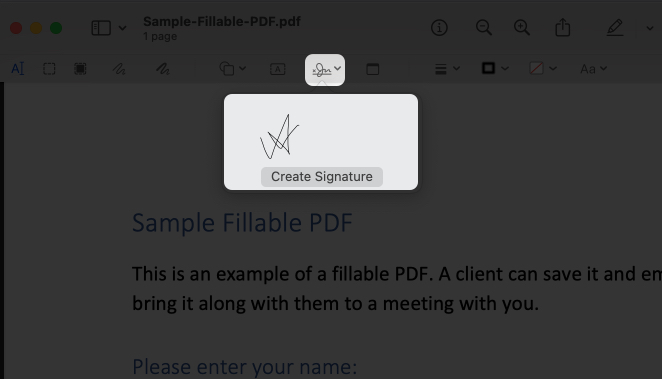 Tap on signature icon to create signature on mac using preview app
