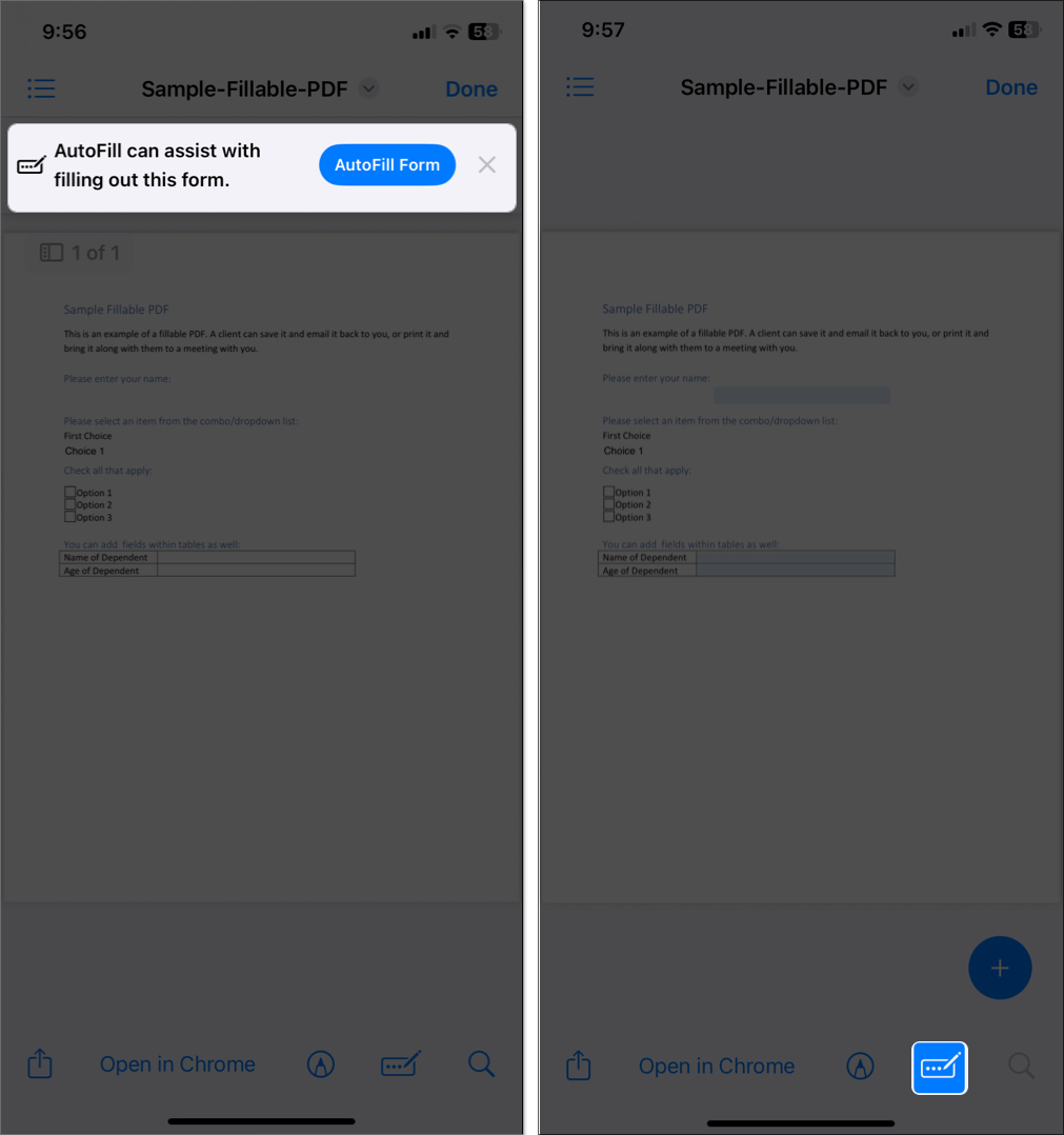 Tap on the autofill button to add information and signature directly on iphone