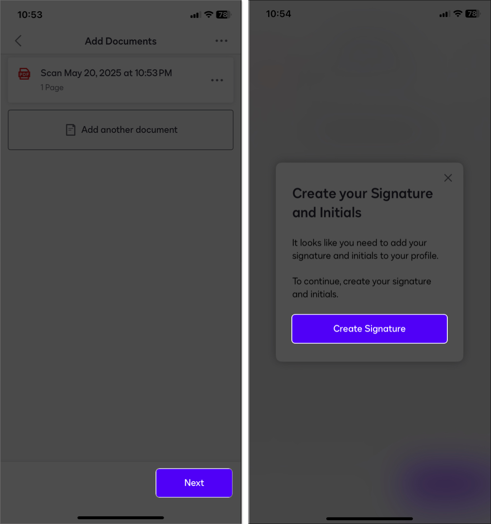 Tap on the next and select create signature button