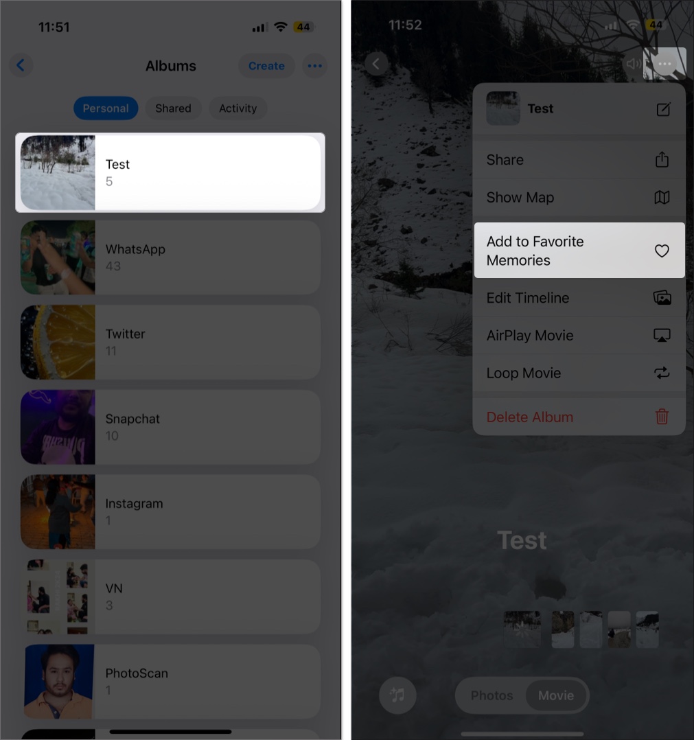 Tap on three dot and select add to favorite memories on iphone phots app