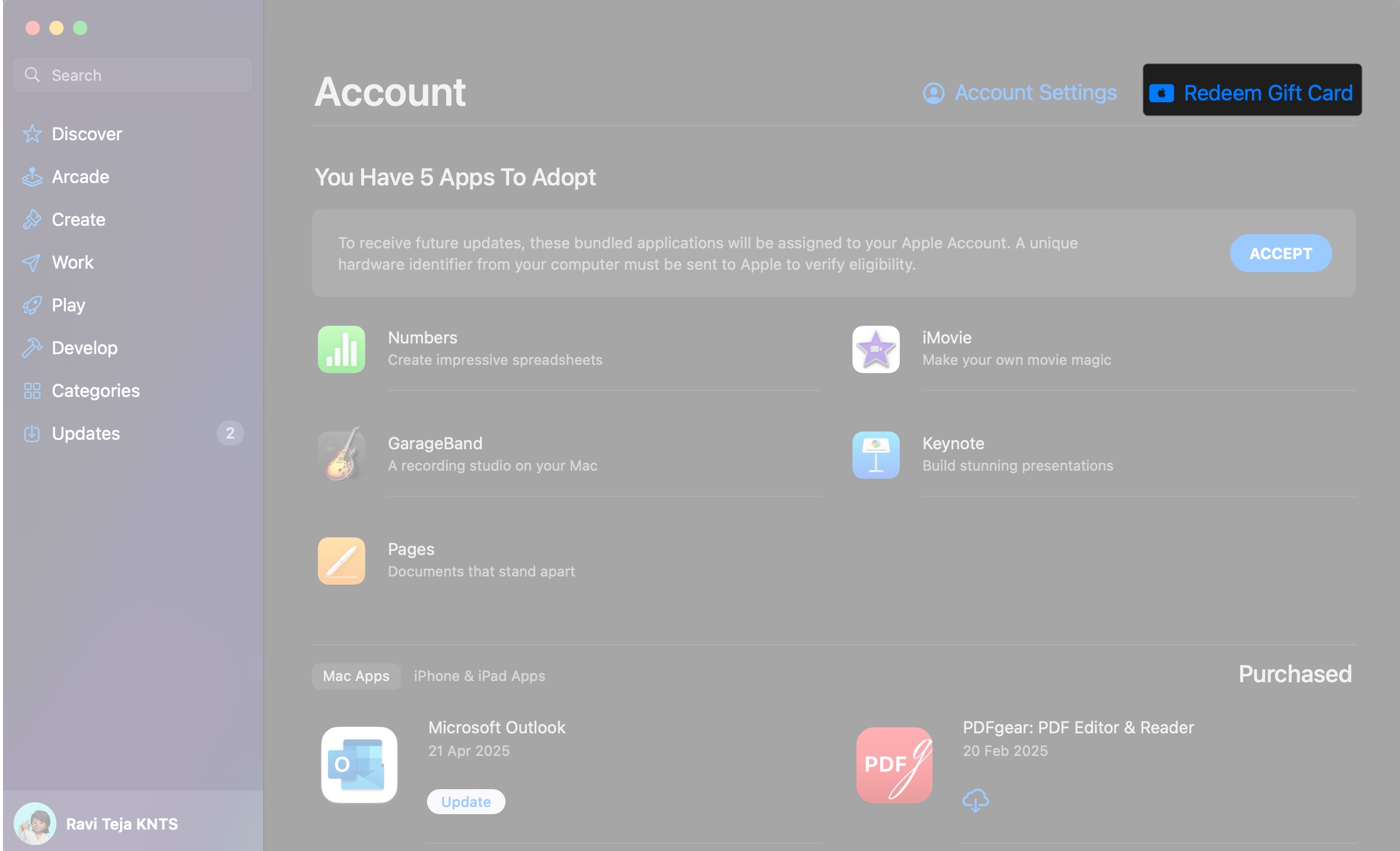 Clicking the redeem gift card option on the account page in app store