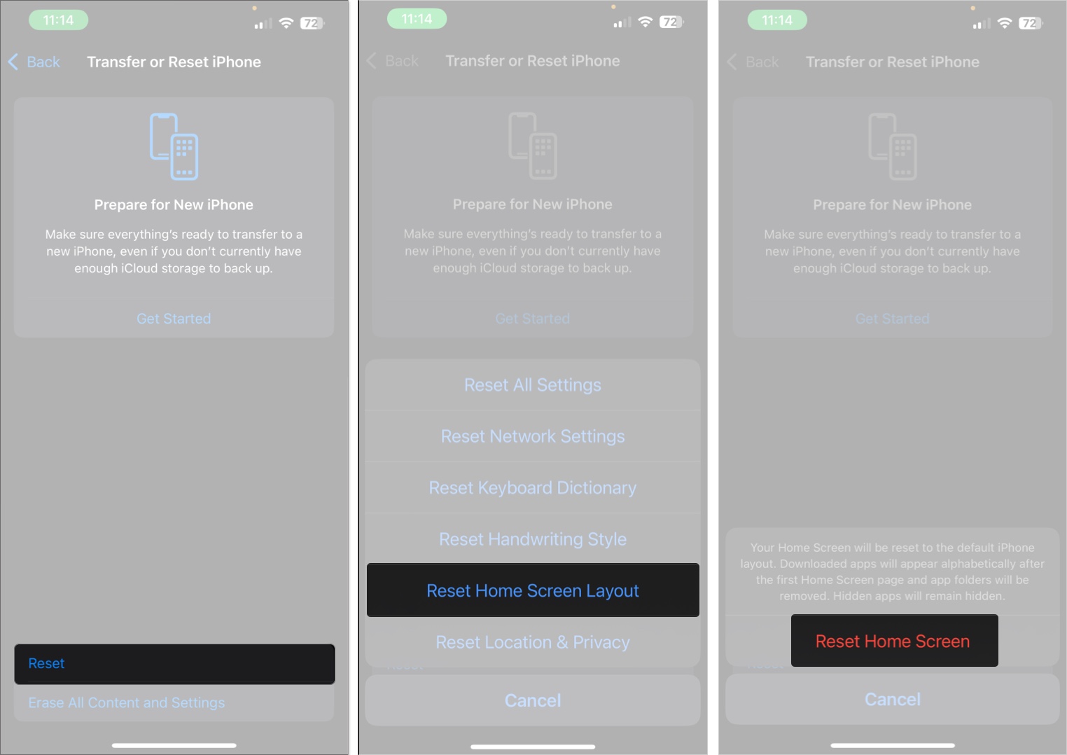 Using the reset home screen layout option to reset an iphone's Home Screen.