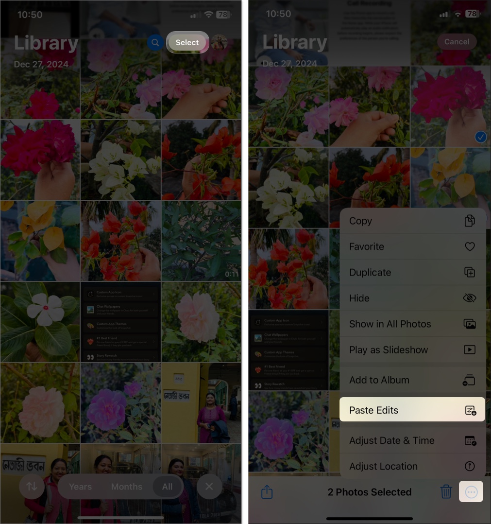 Tap three dot icon and select paste edits
