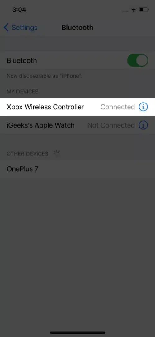 Selecting the xbox controller in bluetooth settings to pair with an iphone