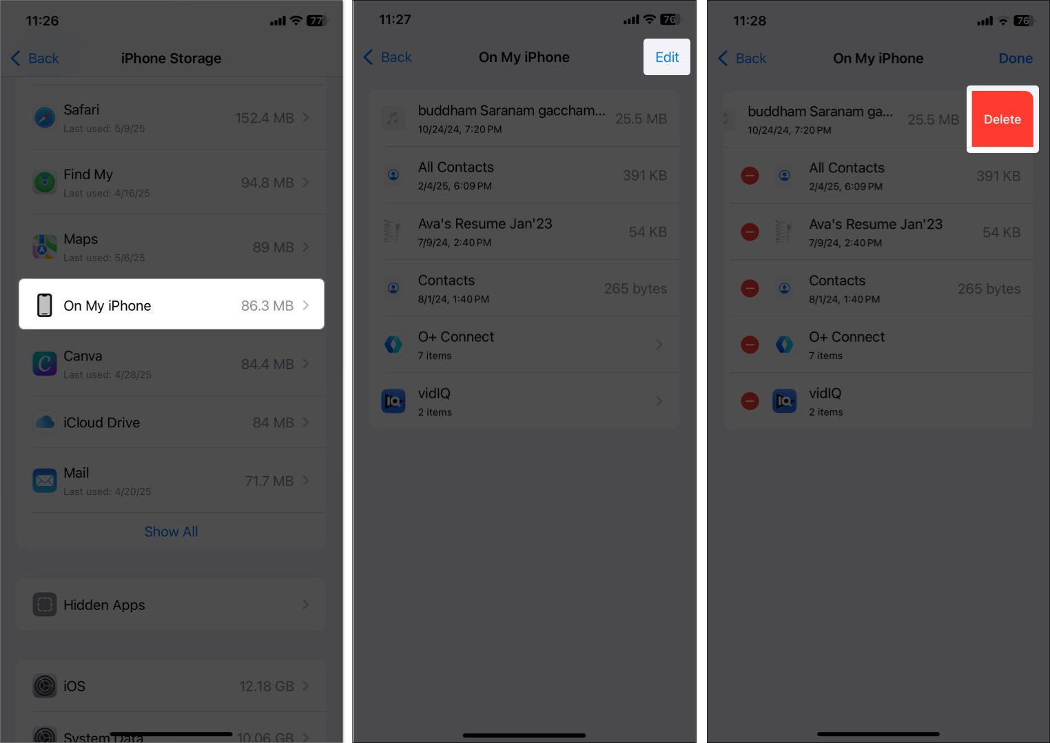 To remove file select on my iphone then tap edit and delete