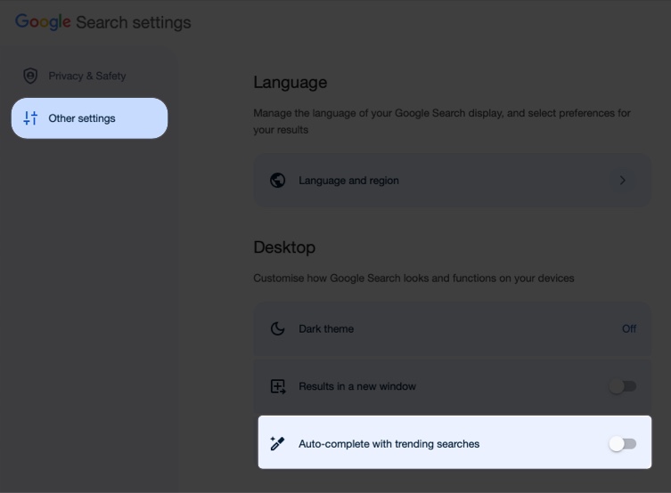 Toggle off autocomplete with trending searches on mac