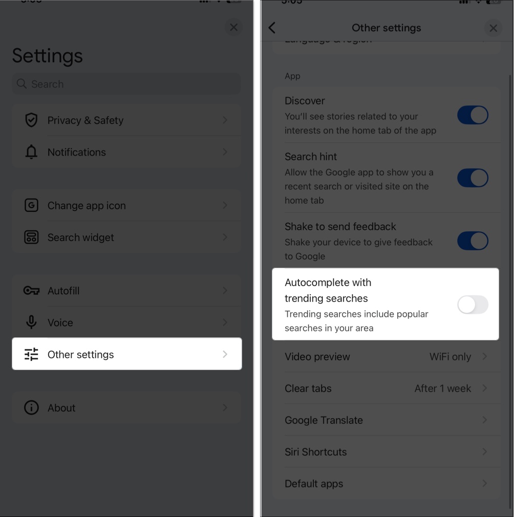 Toggle off autocomplete with trending searches