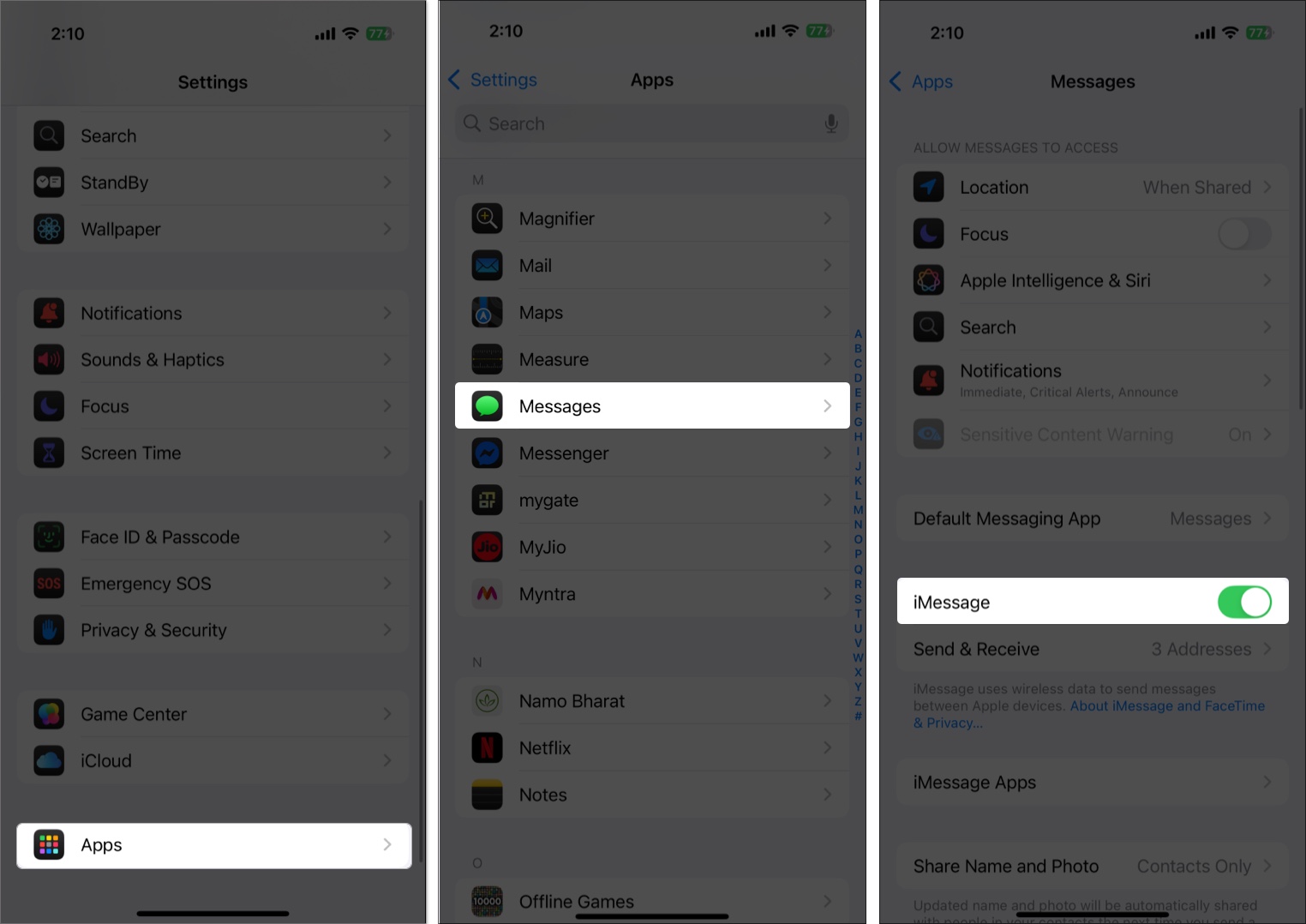 Toggling off and on imessage on an iphone