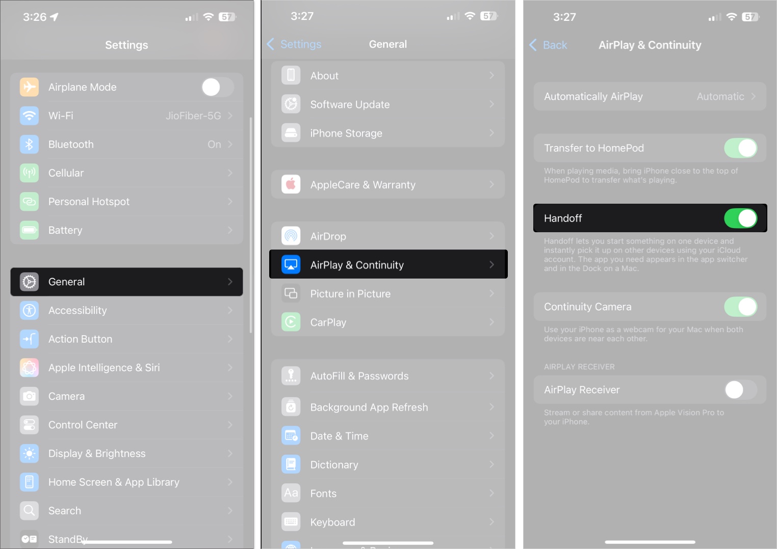 Enabling the handoff feature in ios settings app