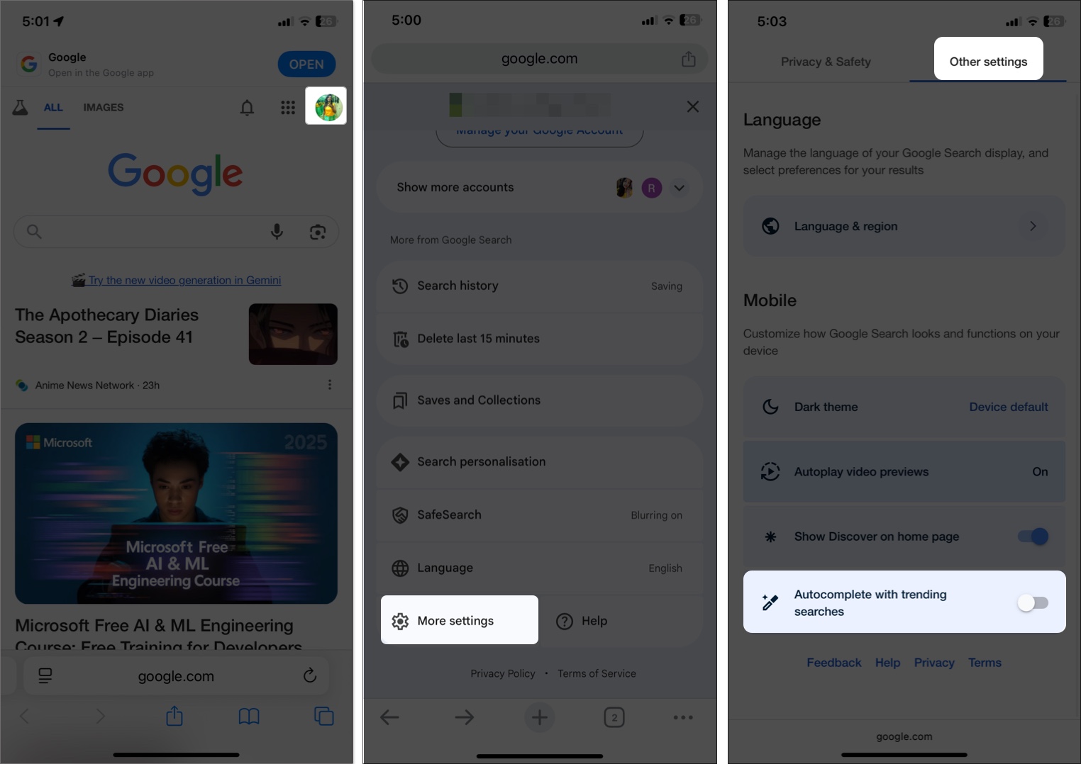Turn off google trending searches in mobile browser