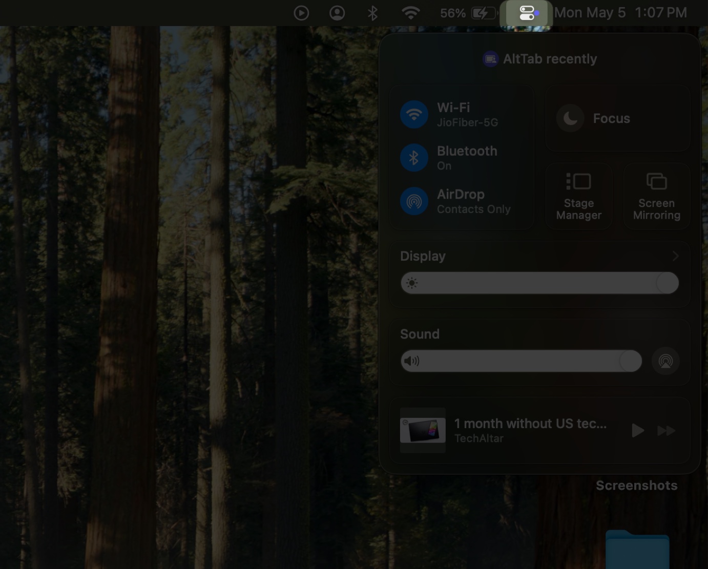 Turning on dark mode on a mac from the control center