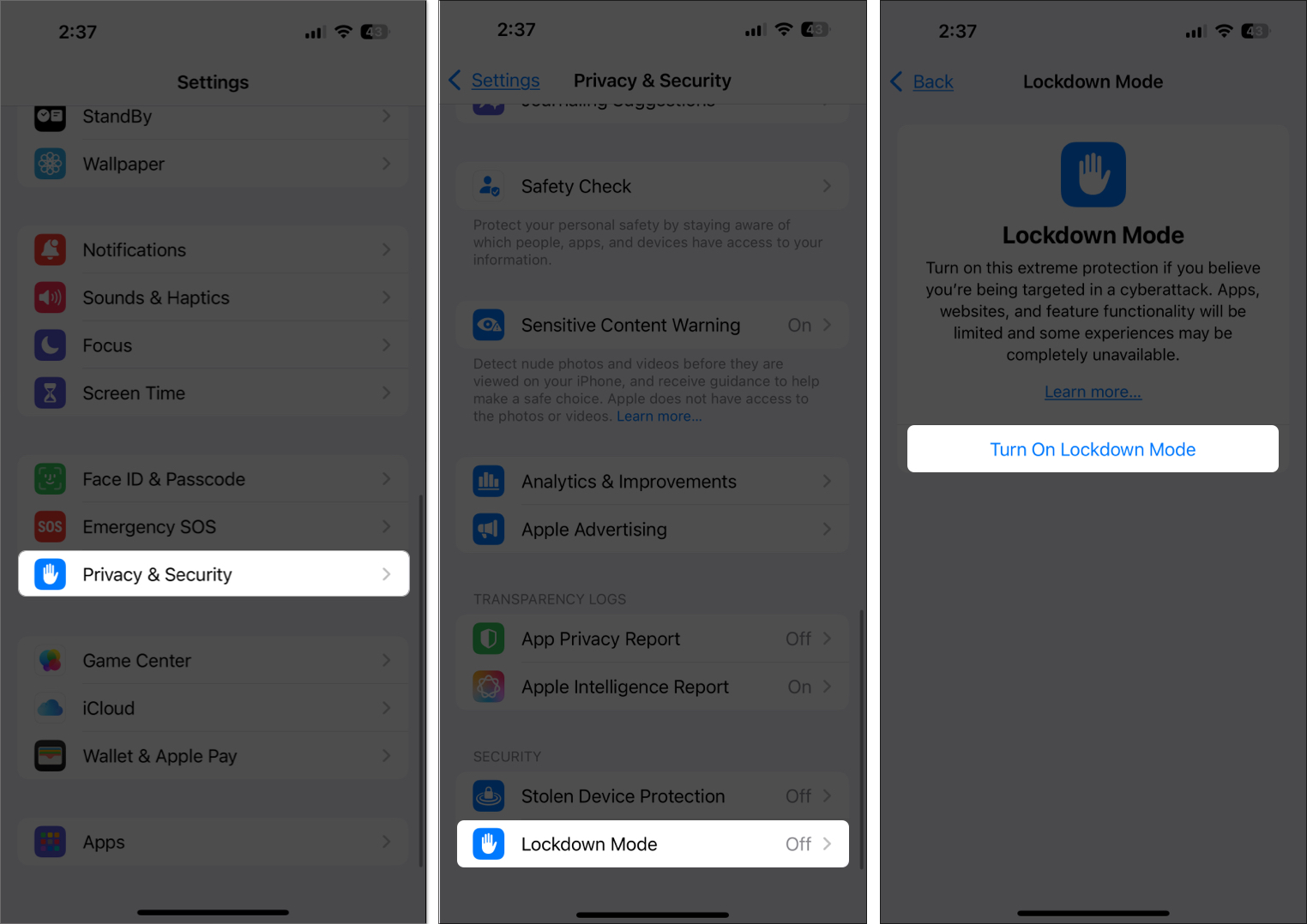 Turn on lockdown mode on iphone