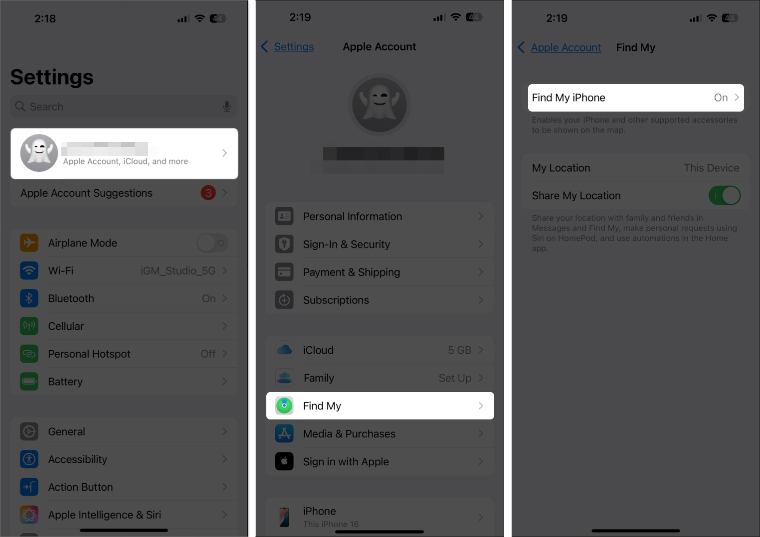 Turning on find my iphone from the iphone settings