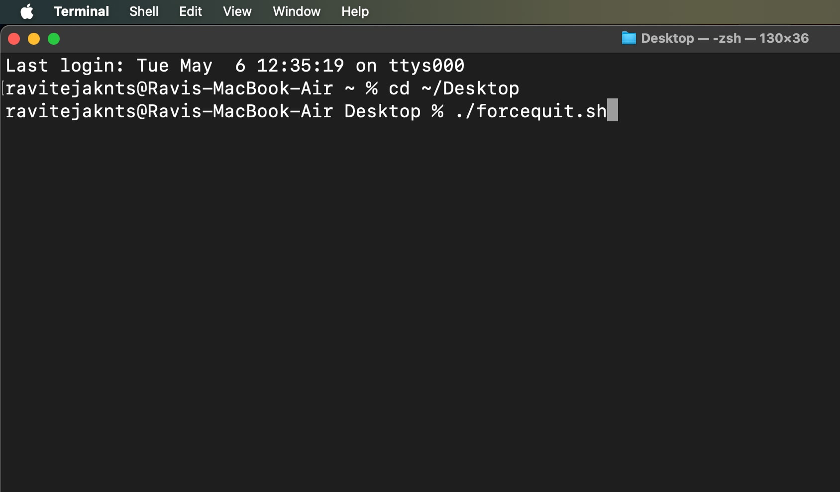 Executing the command to run the shell script to force close an app in the terminal app