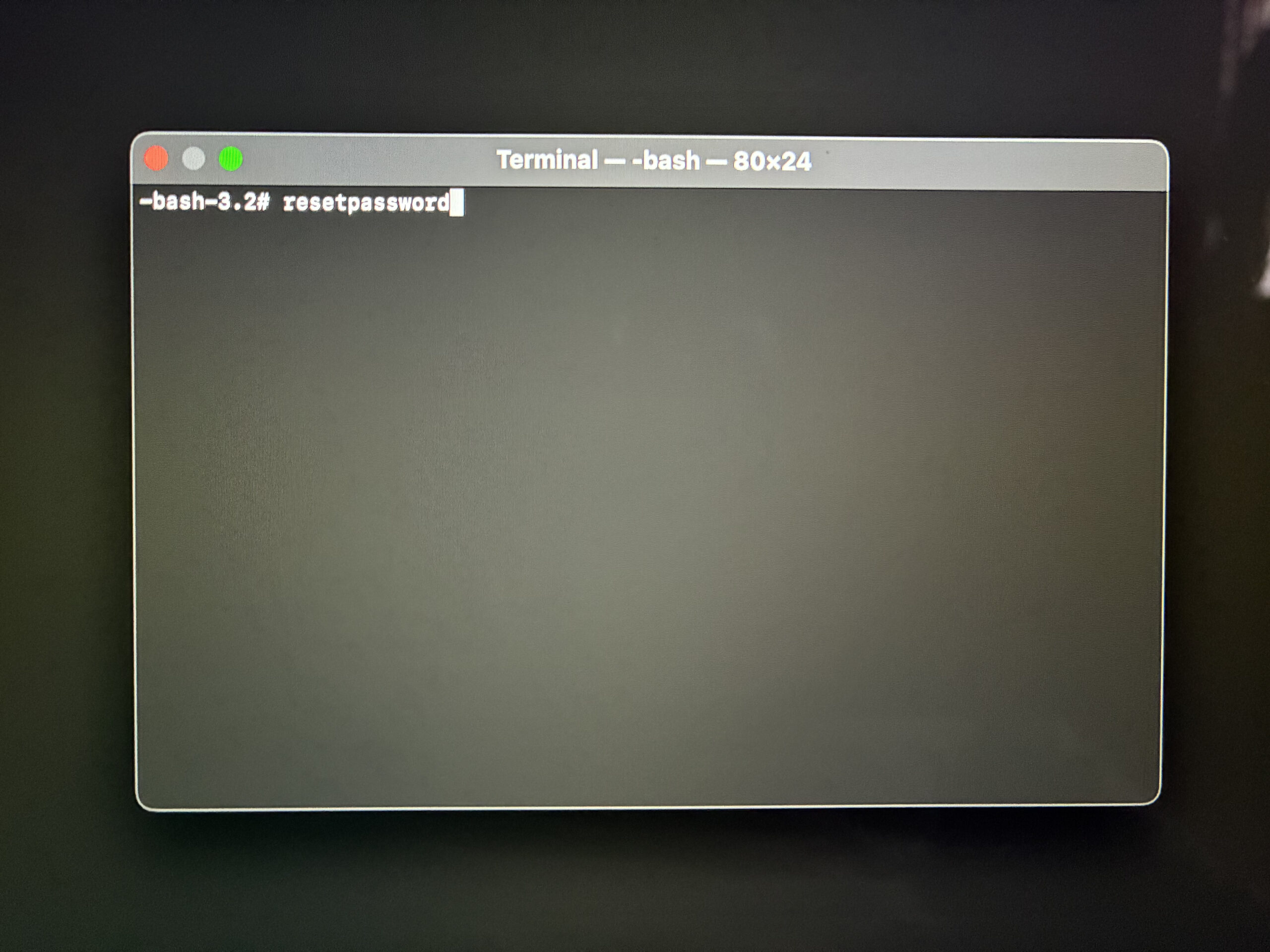 Typing the resetpassword command in a terminal window