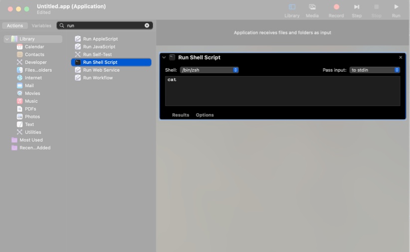 Finding and adding the run shell script action to the automator application