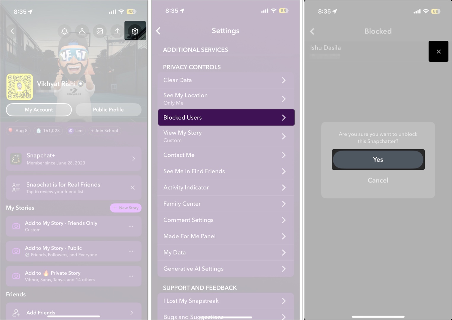 Unblocking a contact on snapchat on an iphone