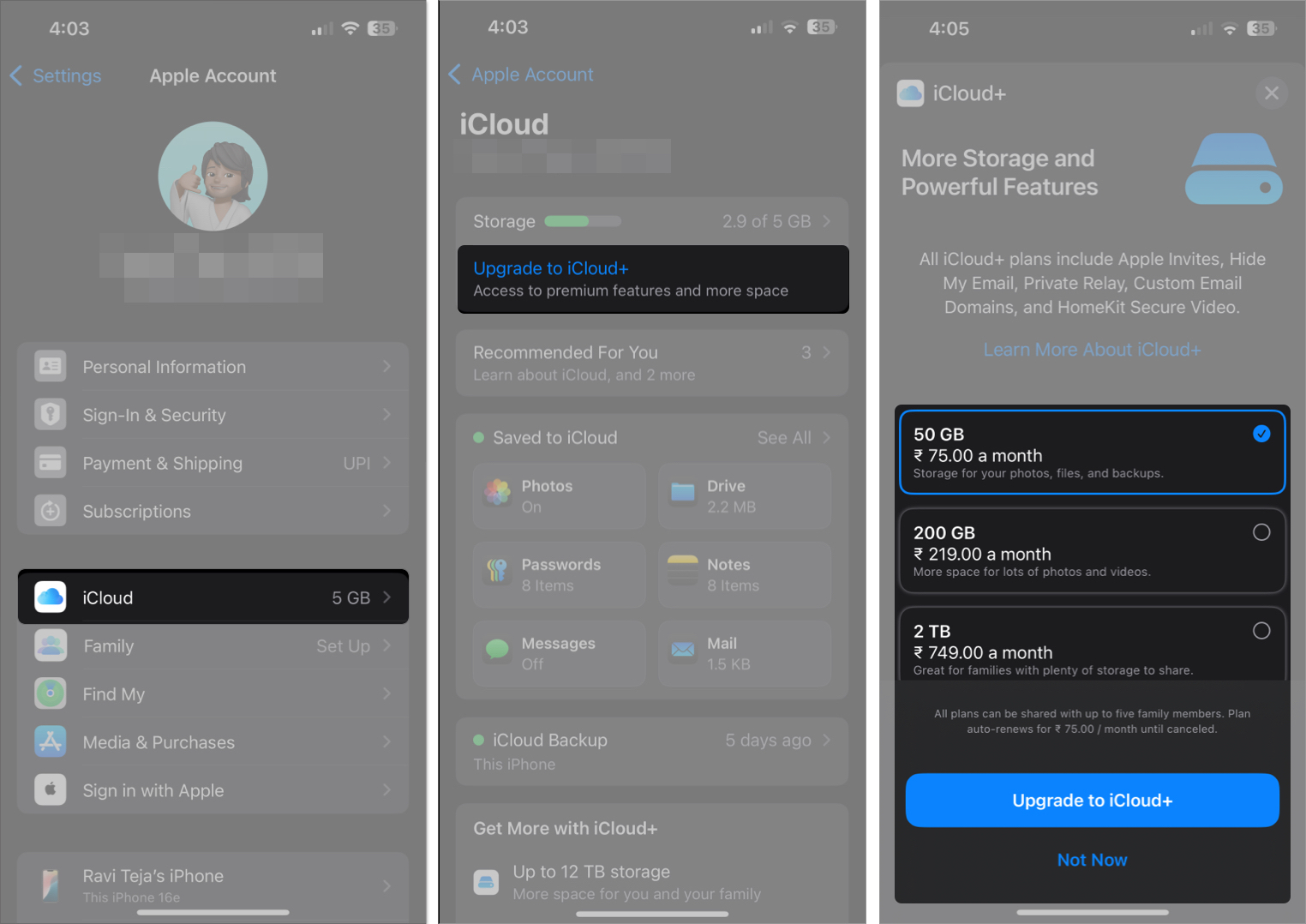 Upgrading to icloud+ through the iphone settings app