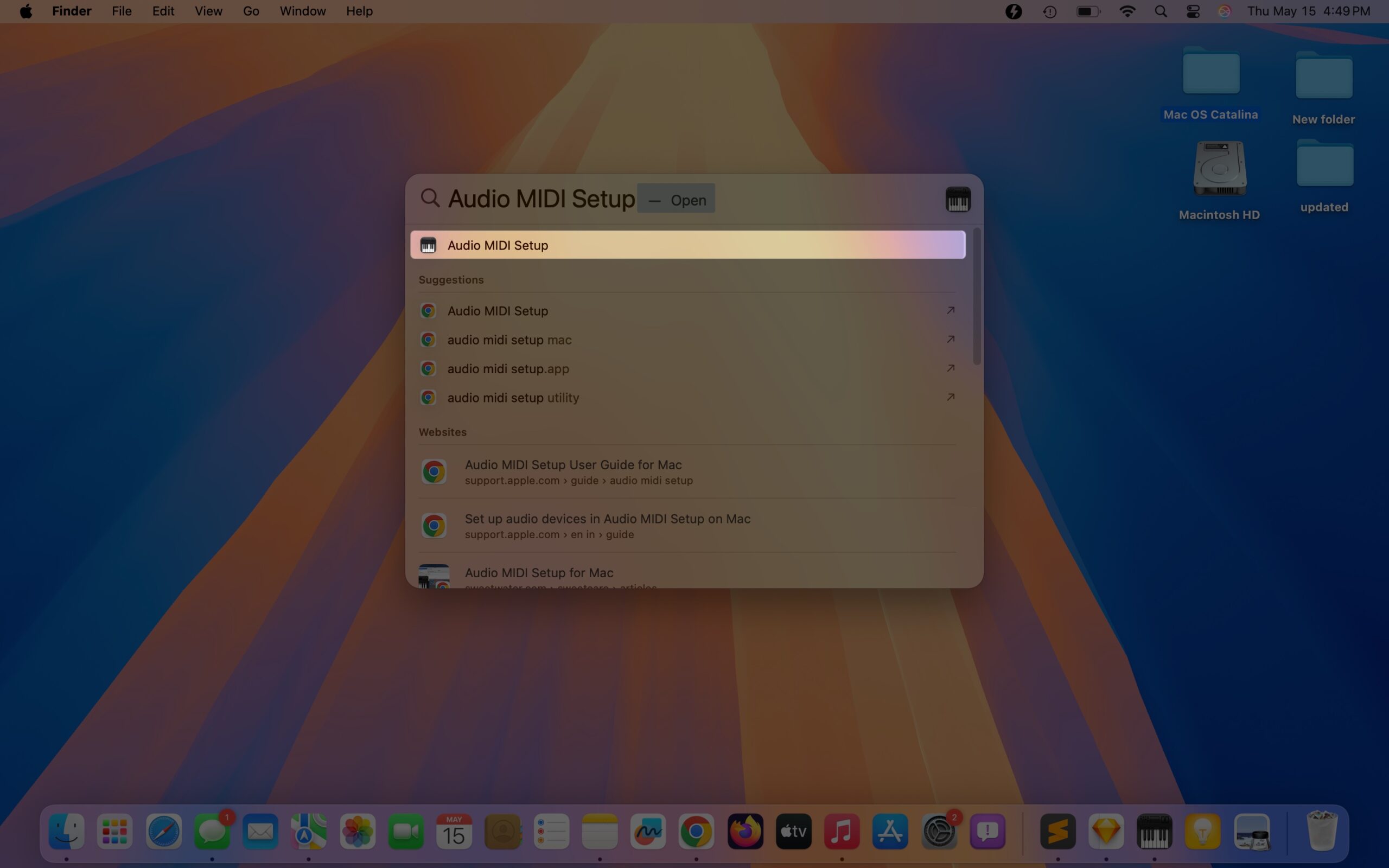Looking up the audio midi setup app via spotlight search on a mac