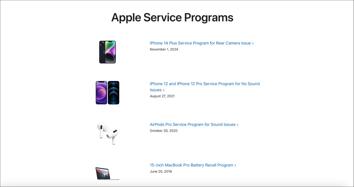 List of active service programs on apple's website.