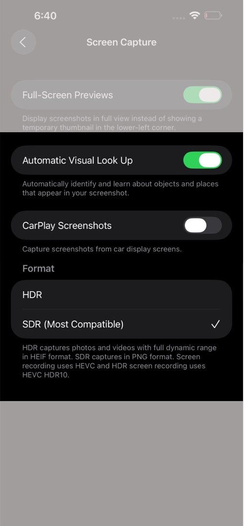 Screen capture settings in ios 26