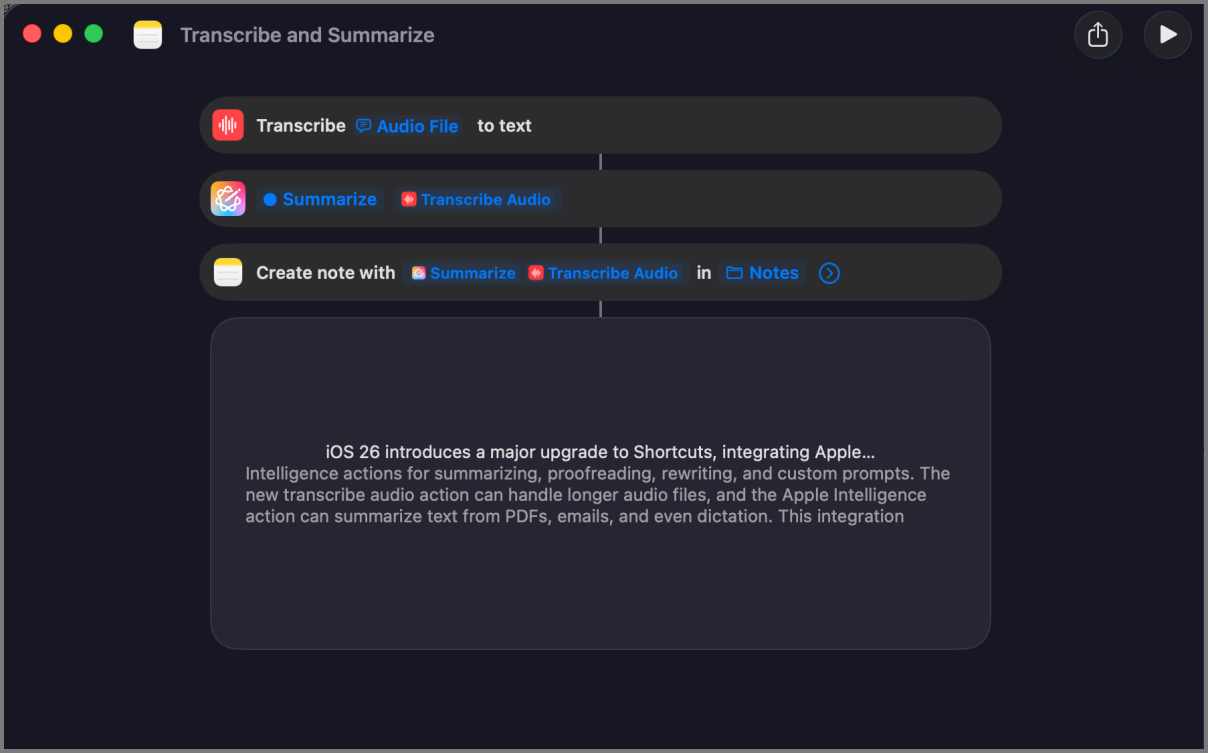 Summarize audio file using apple intelligence in shortcuts