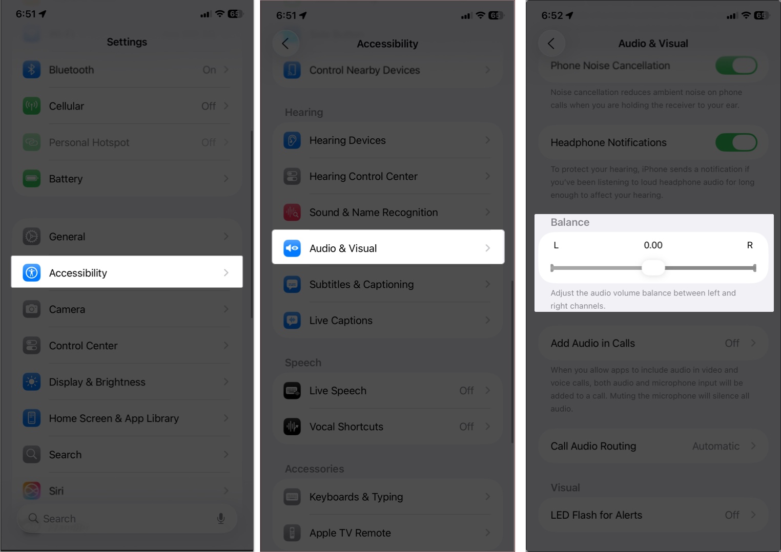 Access accessibility in settings and balance slider in audio and visual of airpods