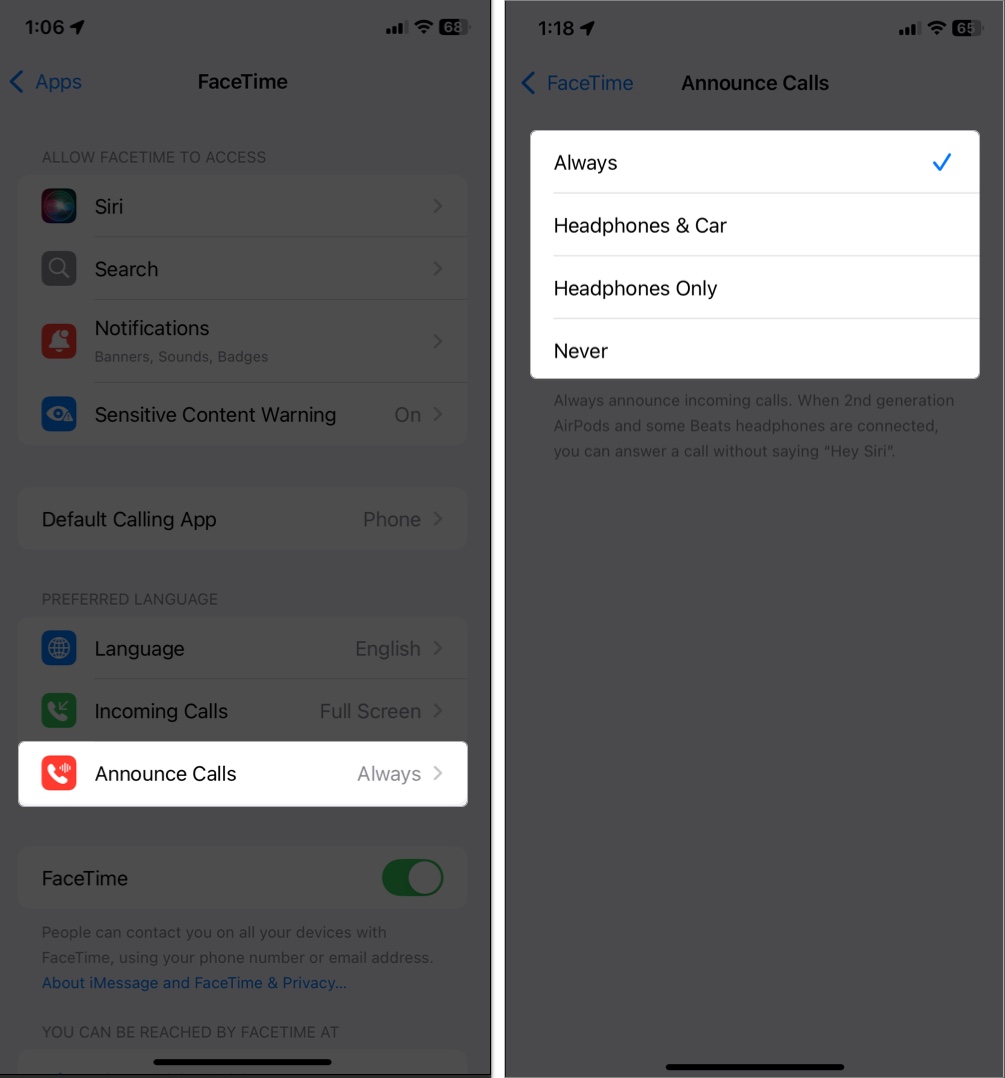 Access facetime setting and tap announce calls in iphone