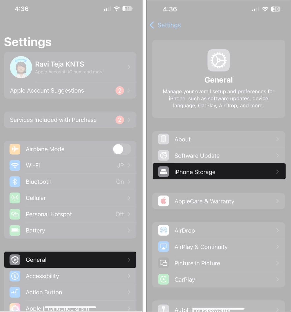 Access general setting and tap on iphone storage to free up storage