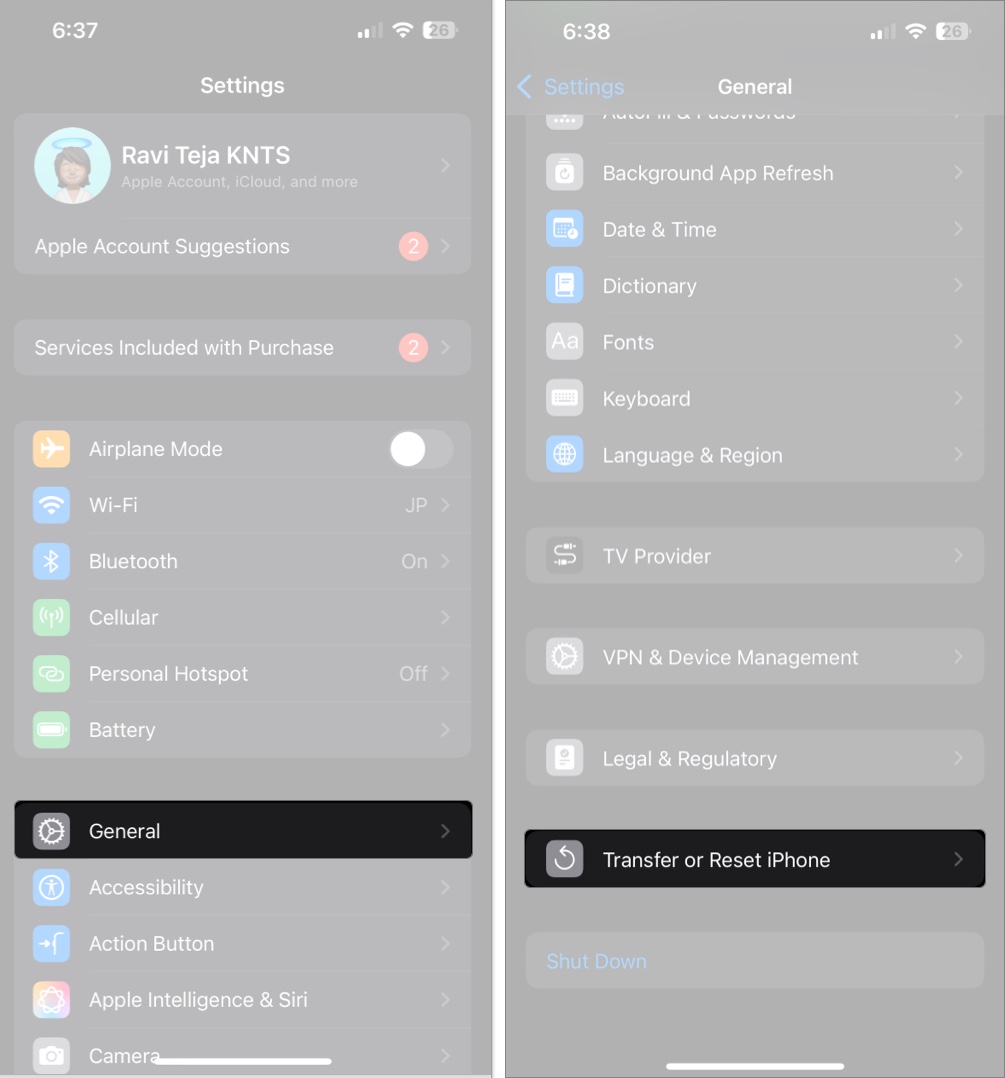 Access general setting and tap transfer or reset iphone