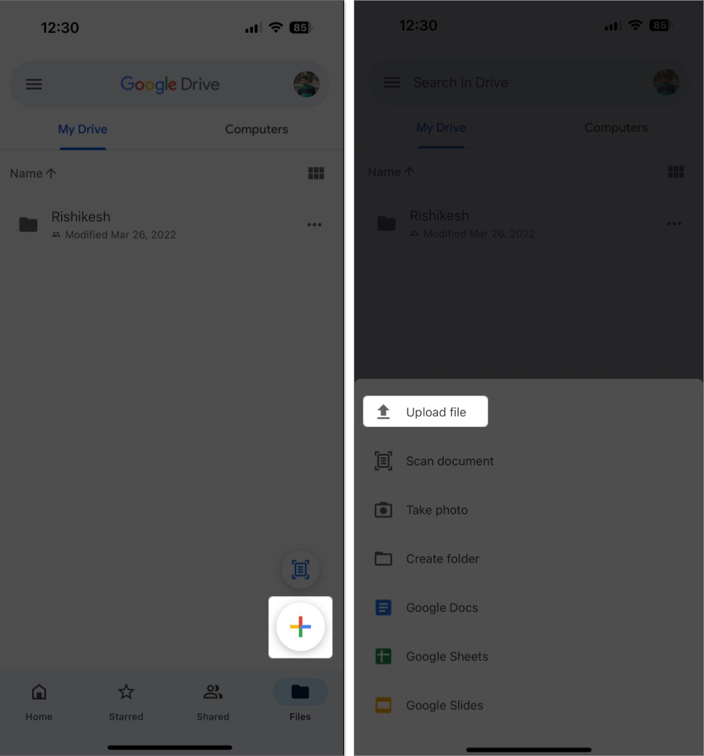 Access google drive and tap upload file on iphone