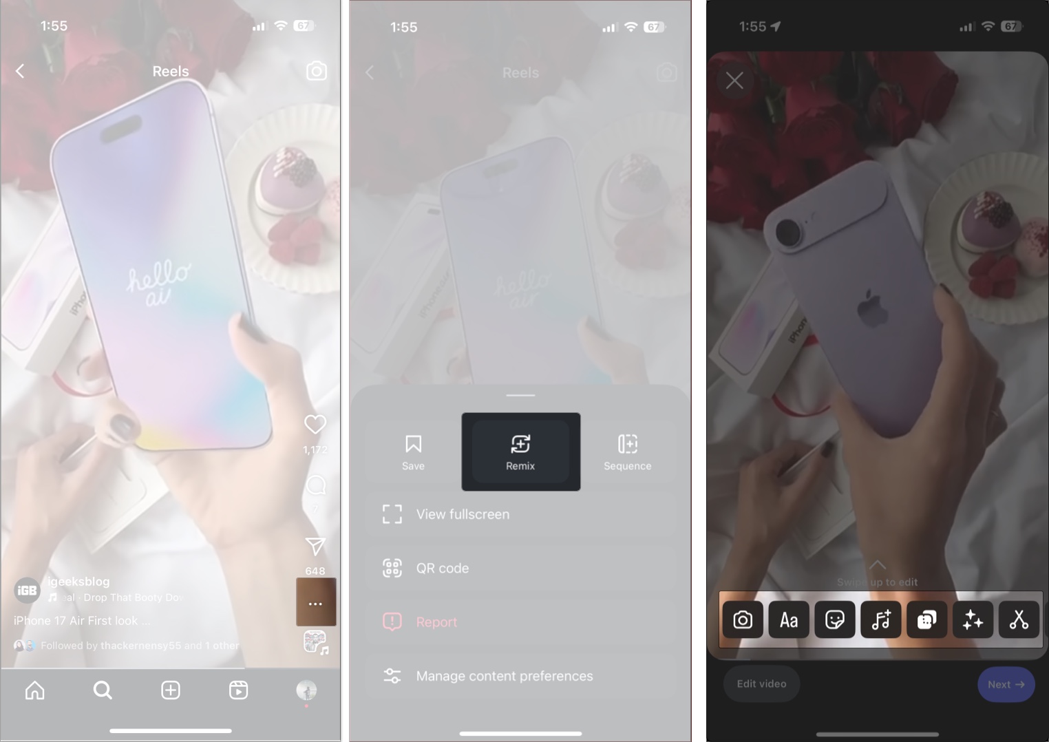 Access instagram reels and tap on three dots to remix a reel