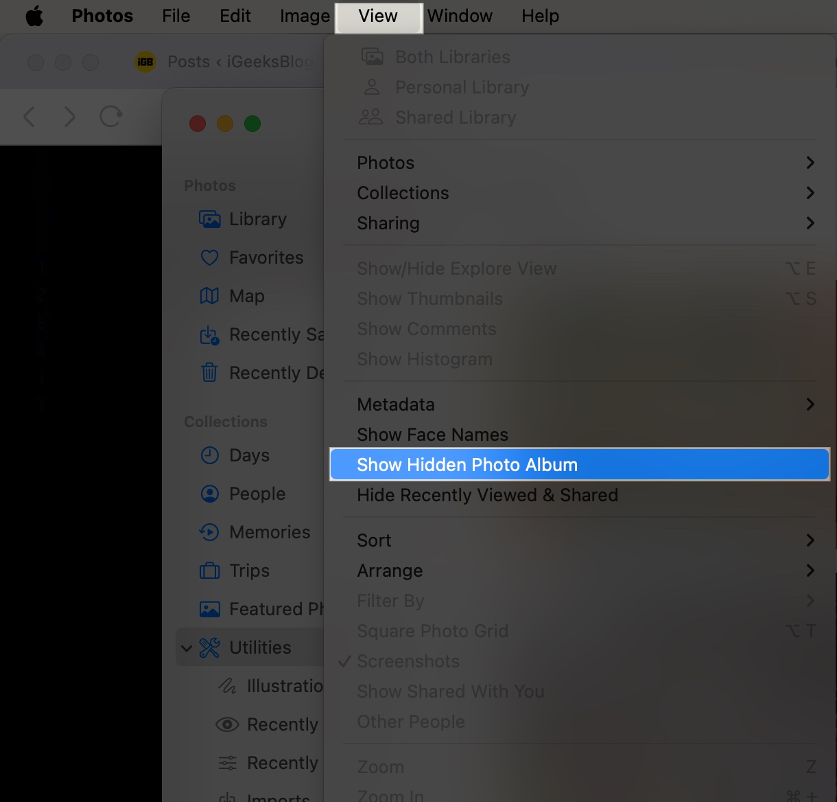 Access photos app and click view in menu bar and select show hidden photo album on mac