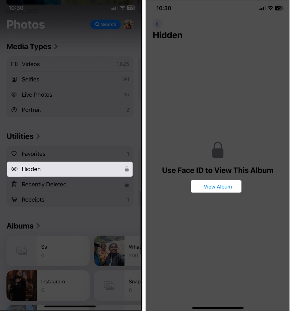 Access photos app and in utilities tap open hidden in iphone