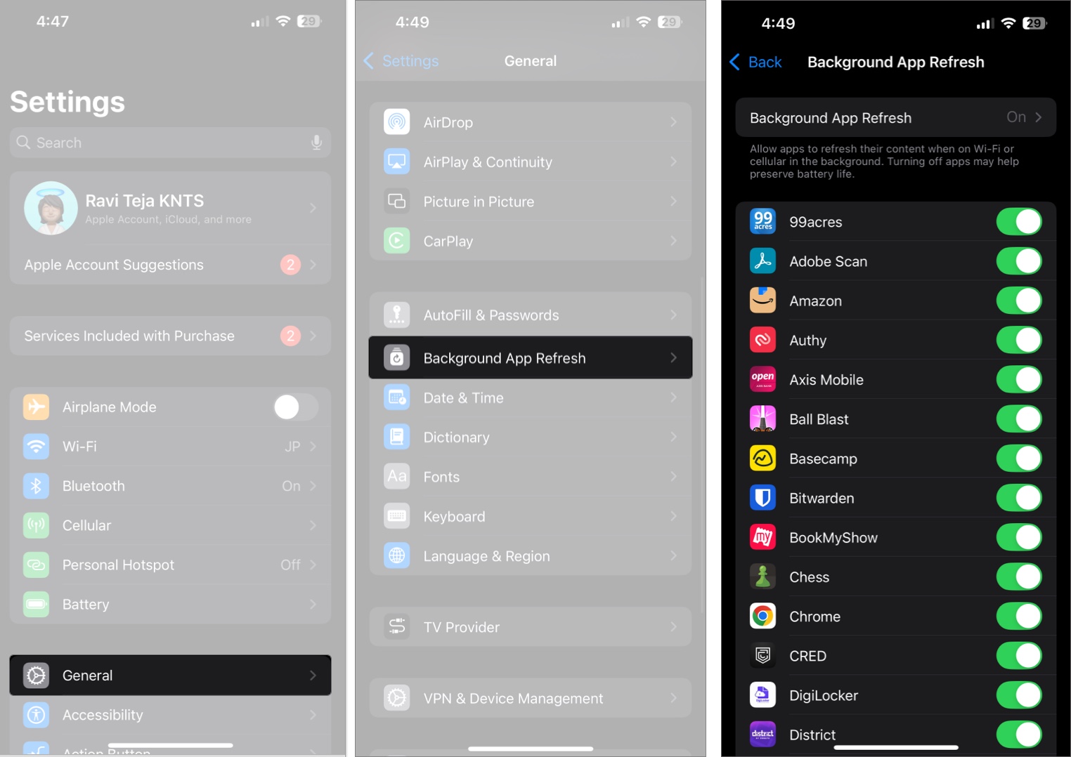 Access setting and disable background app refresh on iphone