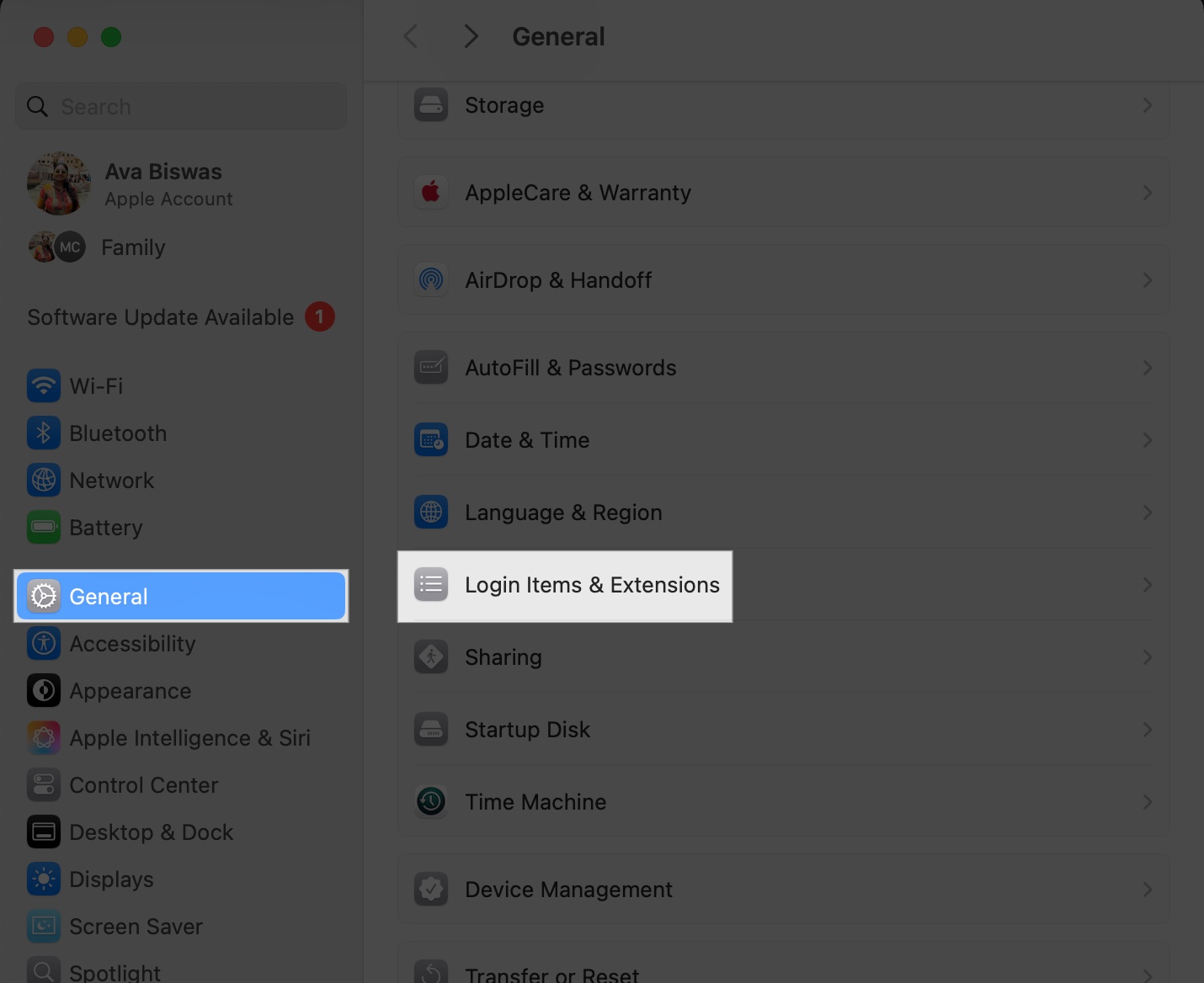 Access system setting and click general and select login items and extensions on mac