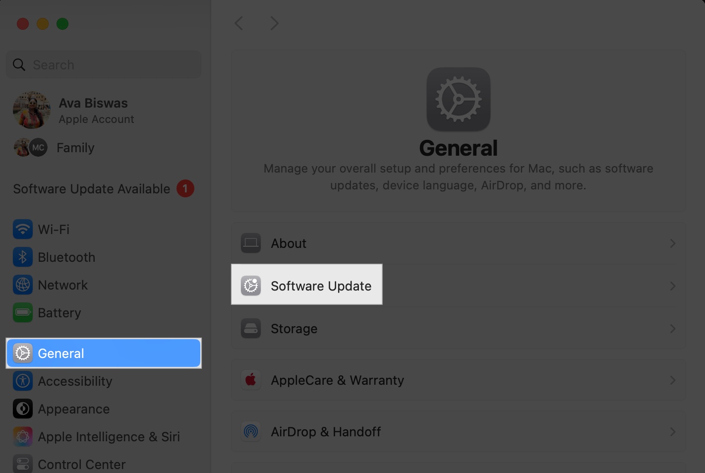 Access system setting and click general and select software update on mac