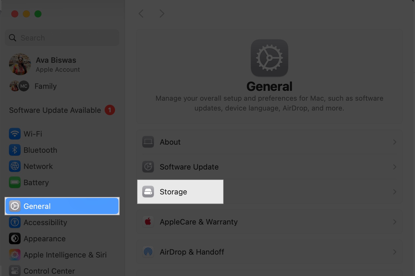 Access system setting and click general and select storage on mac