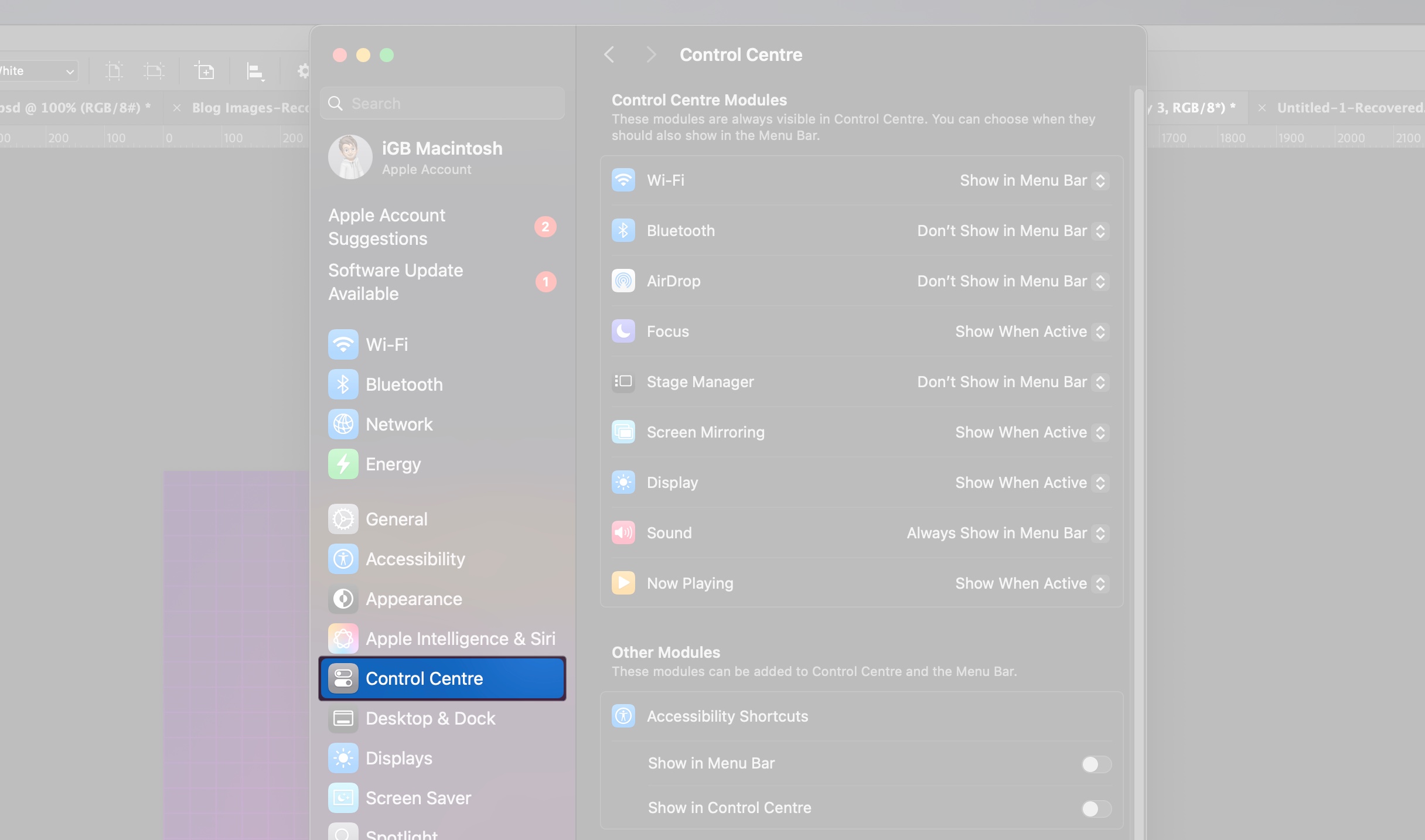 Access system setting and tap on control center on mac